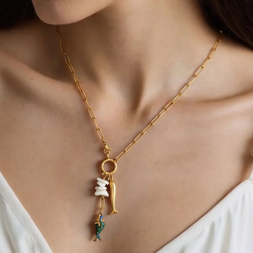 Fish bone pearl stone pendant necklaces for women stainless steel necklaces summer beach cute jewelry