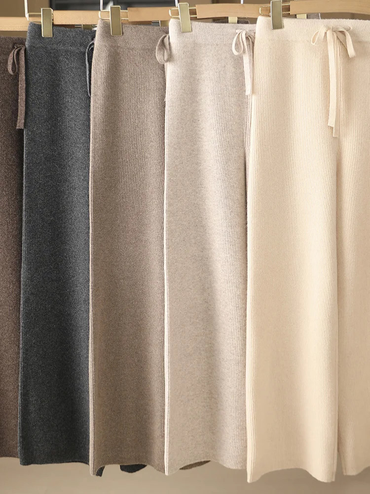 Chic Women’s Wool Wide Leg Pants Elastic Waist Striped Cashmere Autumn Winter 100% Merino Wool Knitwear Simple Casual Trousers