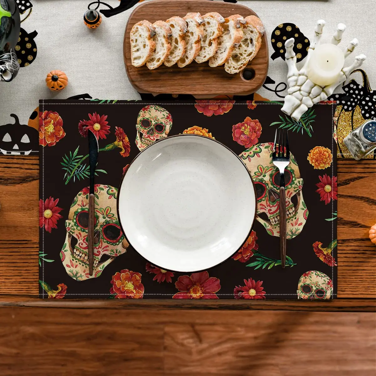 Sugar Skulls Marigolds Day of The Dead Placemats Set of 4,12x18 Inch, Halloween Table Mat for Party, Kitchen, Dining Decor