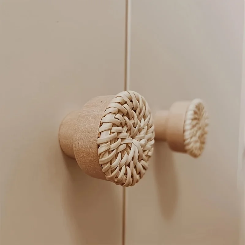 6 Pack Boho Rattan Dresser Knobs Durable Beech Wood Drawer Knobs Handmade Wicker Woven Pulls with 6 Screws