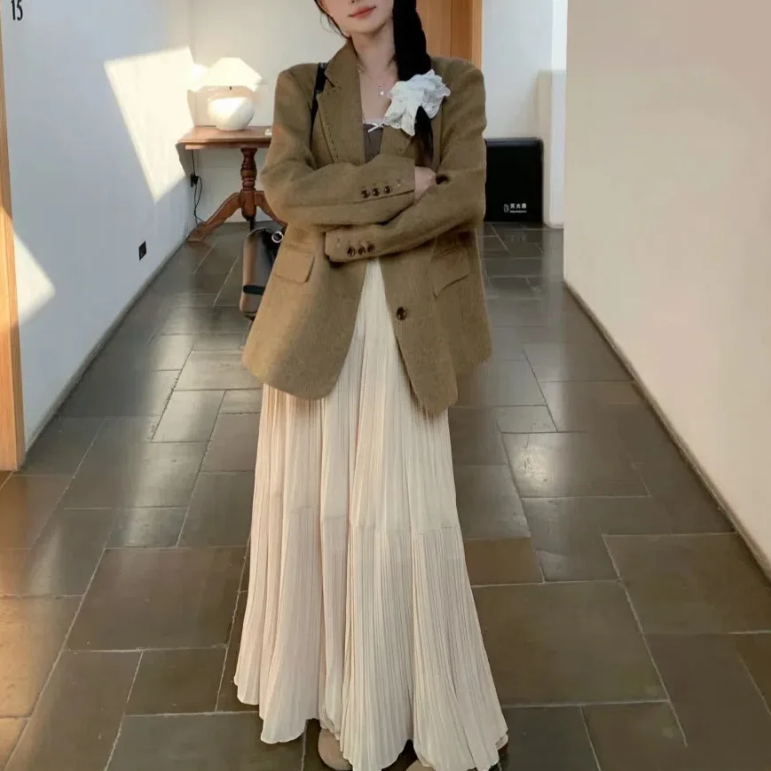 Women Spring and Summer Trend High Waist Pleated Long Skirt Casual Elegant Solid A-line Big Swing Skirt Girl Half Fairy Skirt