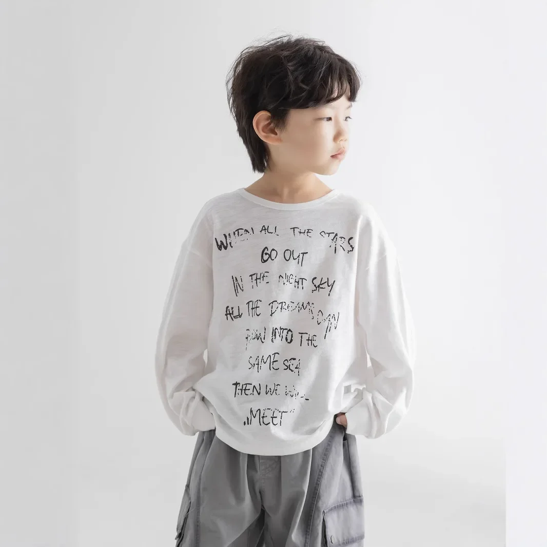 

Children Clothing Boys Letter Printed T Shirt 2025 Spring New Boys Loose Long Sleeved Printed Blouse Loose Comfortable Pullover