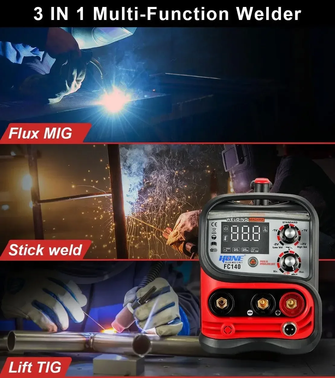 Welder 110V, Actual 140Amp Flux Core Welder/Stick Welder/Lift TIG 3 in 1 Synergic Welding Machine, Smart IGBT Inverter