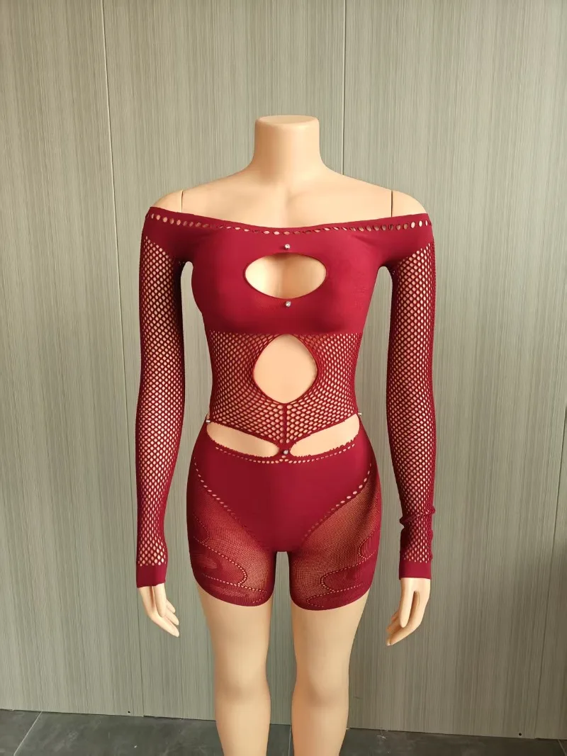 Oco para fora fishnet ver através magro playsuit feminino sexy slash neck fora do ombro manga longa alta estiramento noite clubwear macacão