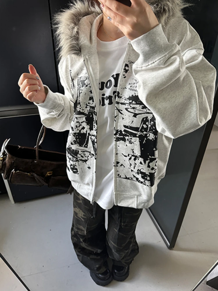 Subkulturní kabáty s kapucí, dámské gotické bundy Harajuku Y2k, americké vintage černé mikiny s umělou kožešinou a potiskem písmen - náhled 3