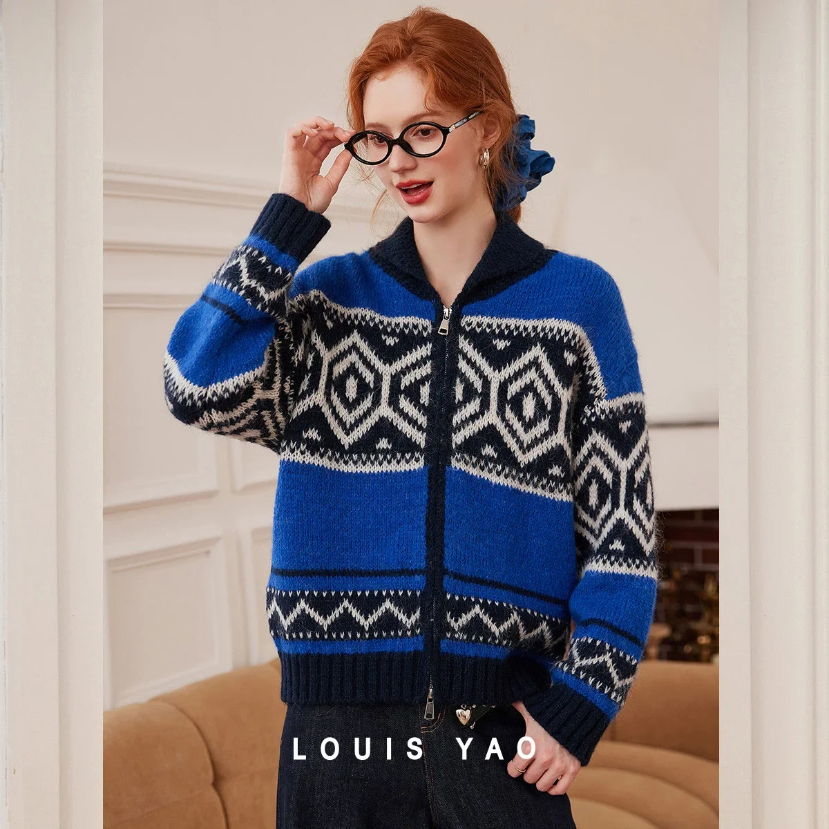 

LOUIS YAO, новый винтажный шерстяной вязаный кардиган, осень-зима 2021, свитера, пальто контрастных цветов, женский вязаный свитер