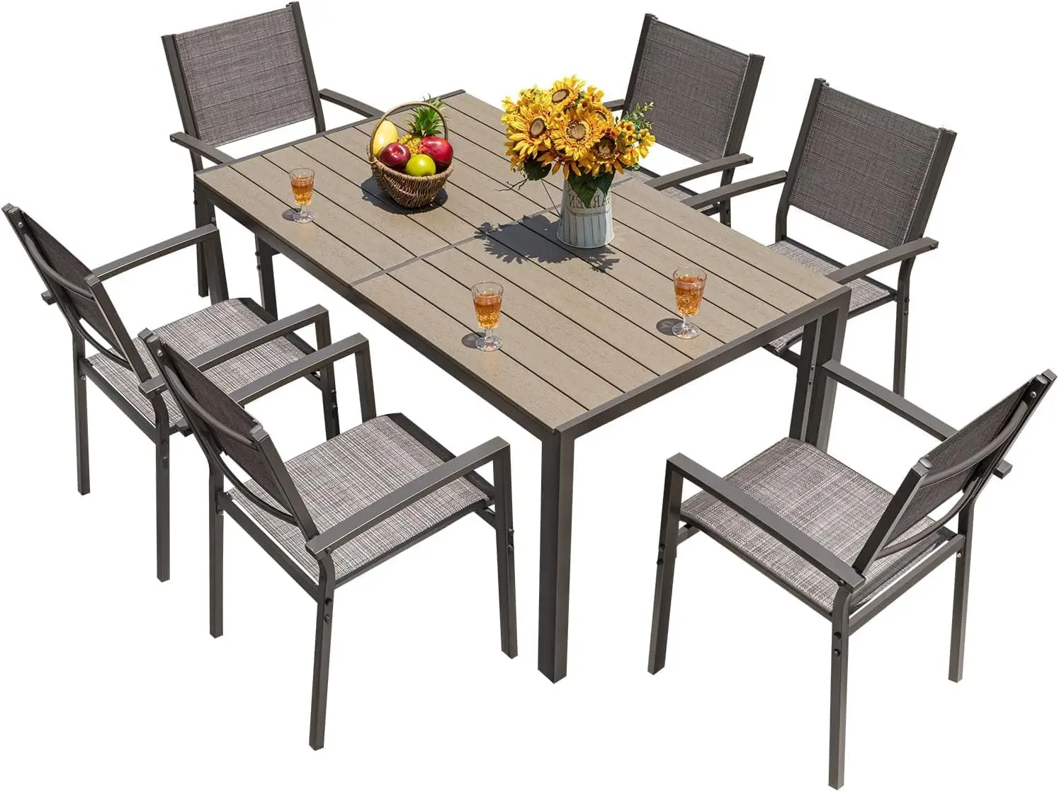 Patio Dining Set 7 Pieces Outdoor Furniture Table and 6 Textilene Chairs, Light Grey