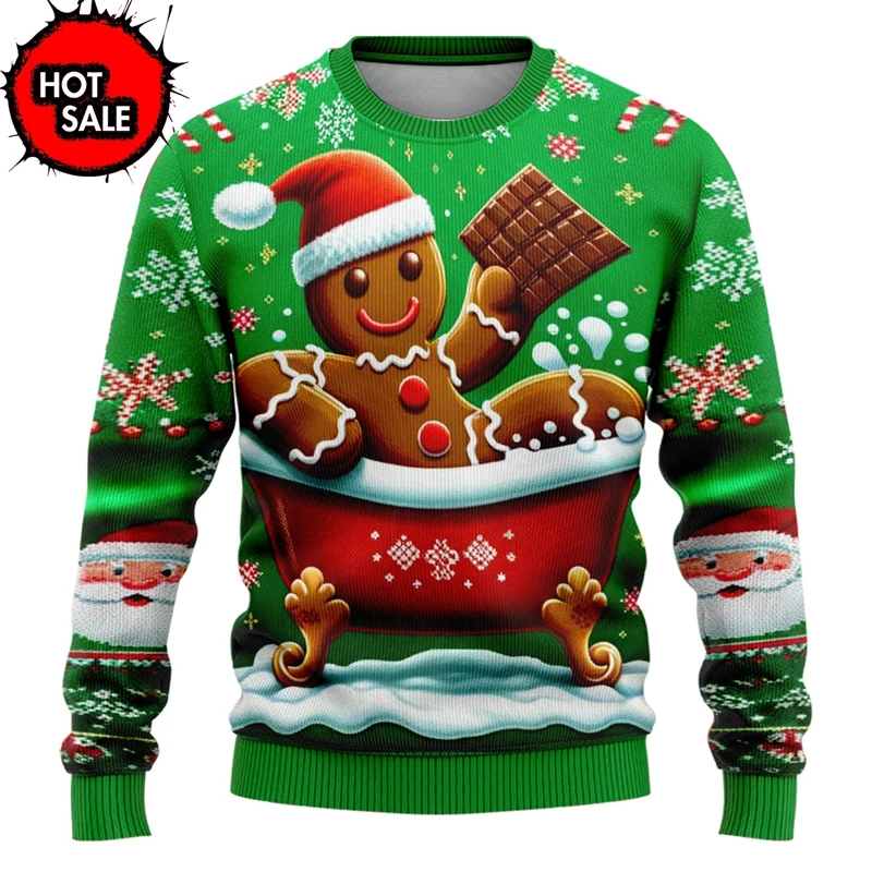 Newest Fashion Men Ugly Christmas Sweater Funny Gingerbread Man Pattern Sweatshirt Pullover Boys Women Crew Neck Hoodie Clothes