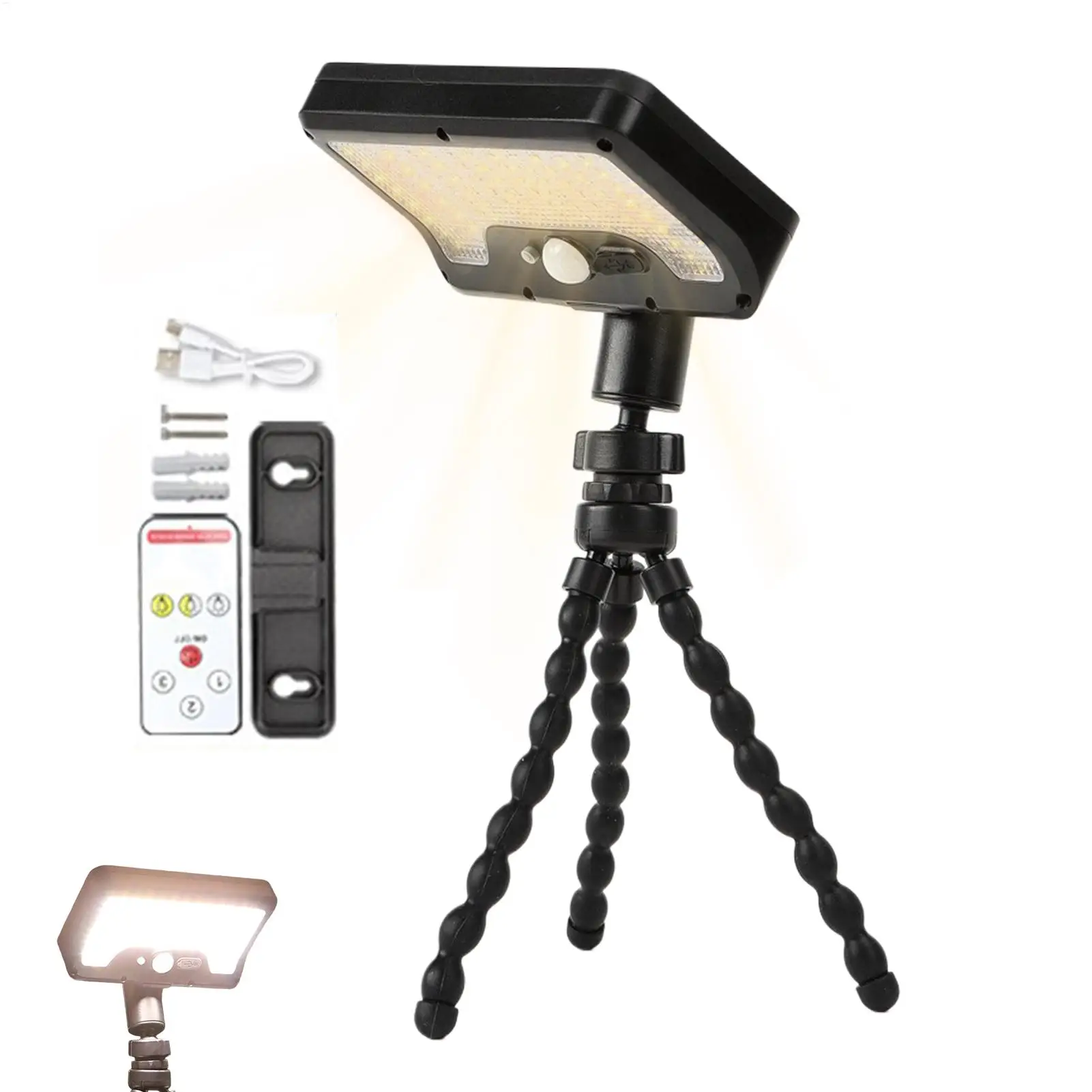 

Уличные солнечные светильники с датчиком движения, 600 лм, 3 цветовых режима, гибкий штатив, портативный водонепроницаемый фонарь для кемпинга и двора