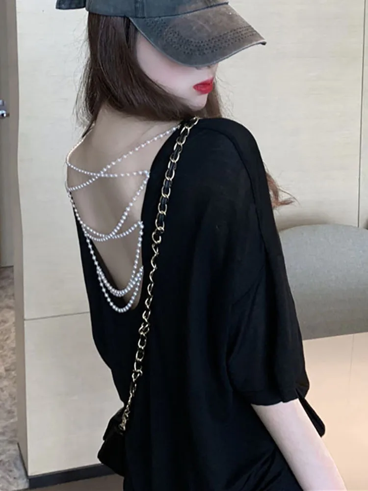 JMPRS Loose Women Translucent T Shirt Sexy Backless Pearl Beaded Ladies Oversize Tees Casual Summer Beach Sun White Black Tops