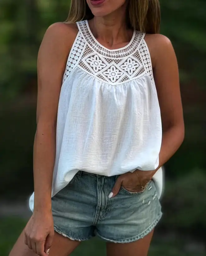 

Women's Vest New Elegant Y2K Casual Style Crochet Lace Patchwork Collar Design Hollowed Out Round Neck Loose Sleeveless Vest