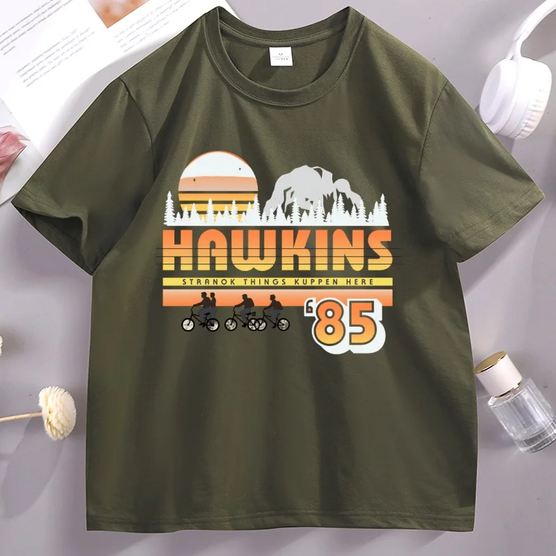 Netflix Hawkins Strange Things 85 Retro T-Shirt Men Women By Bike Printed T Shirt Casual Graphic Tees Loose Short Sleeve Tshirt