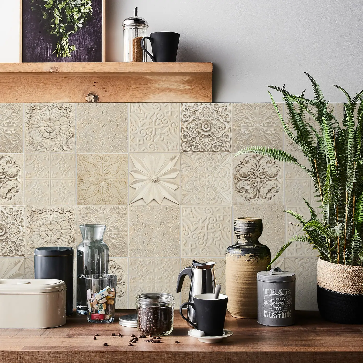 24 Pieces of Mandala Retro Pattern Glossy Self-adhesive Tile Stickers for Kitchen and Bathroom Removable Waterproof Wall Sticker