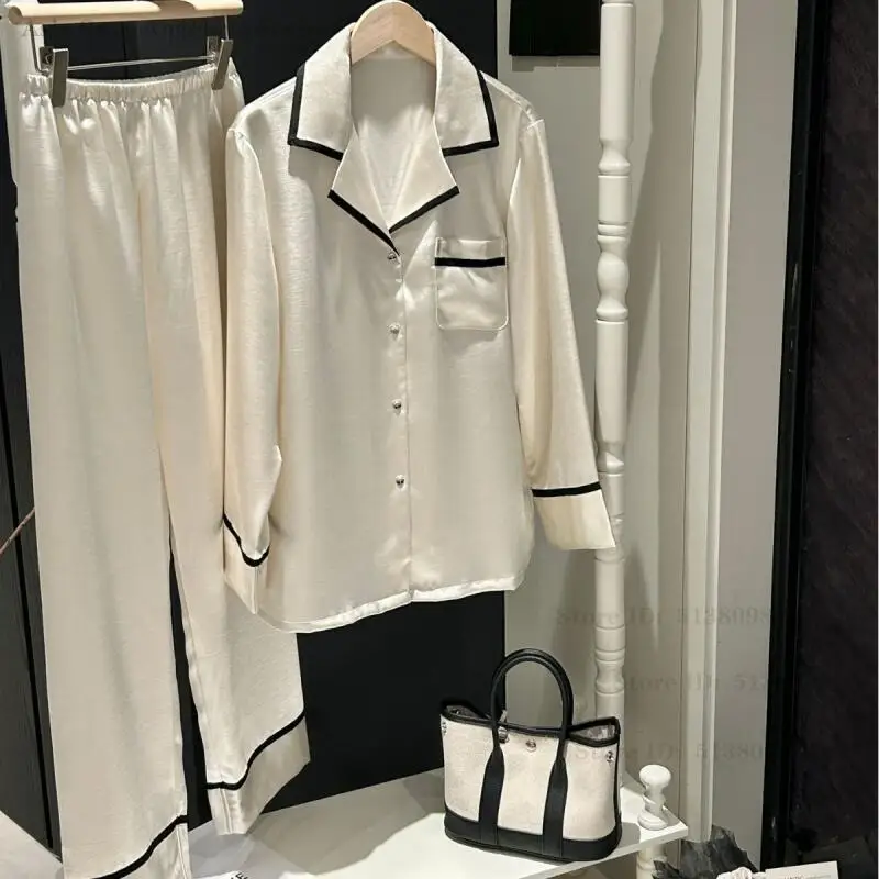 

Простой повседневный домашний комплект для сна: новая весенняя пижама из шелковистого сатина, ночная рубашка, брюки, пижамный костюм, домашняя одежда, повседневная одежда для сна