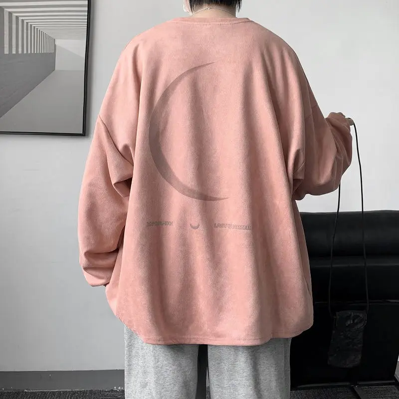 Sweatshirts New Men Women Simple Stroke Moon Graphic Pullovers Oversized Korean Style Man Letter Print O Neck Tops 2023