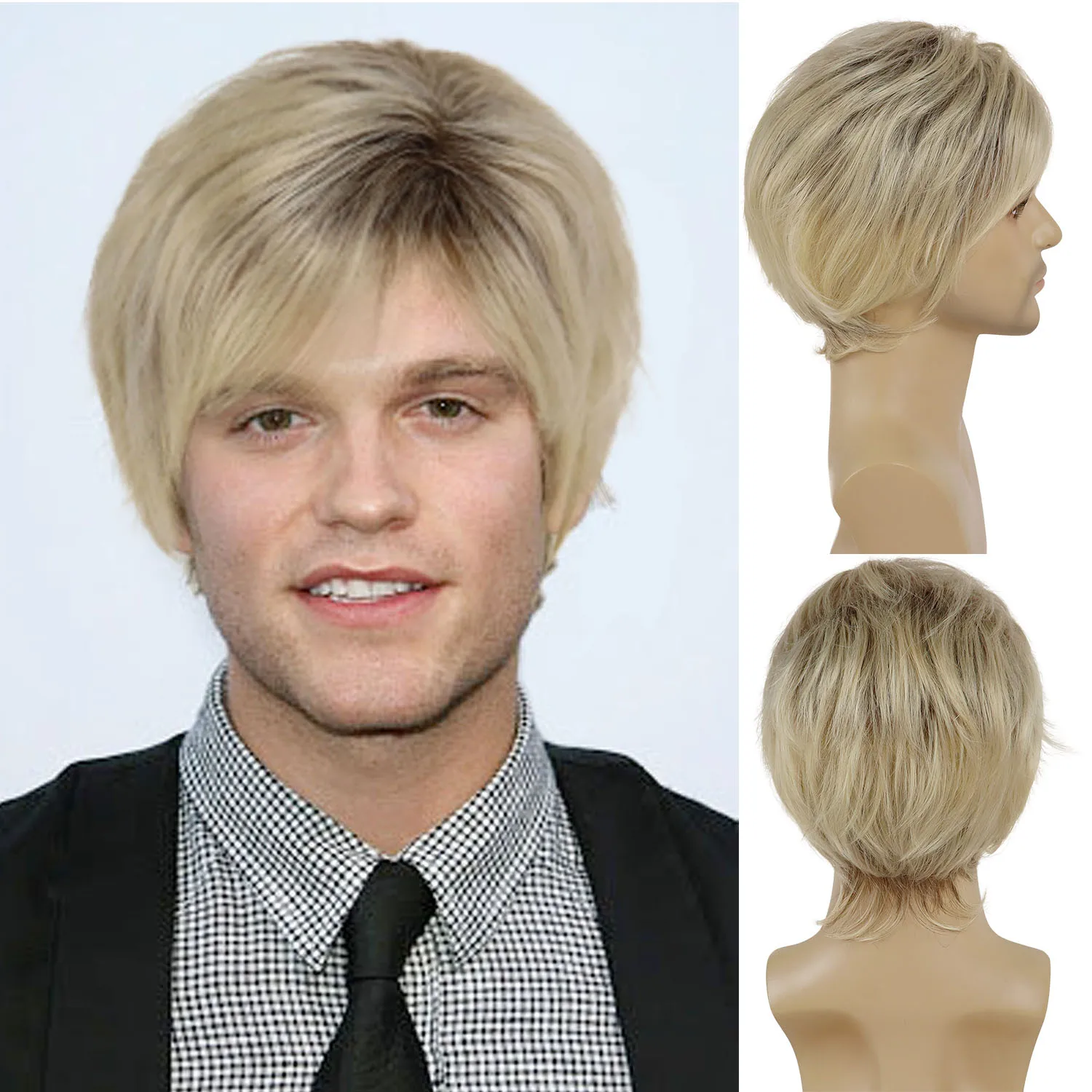 

GNIMEGIL Synthetic Short Male Wig with Bangs Natural Soft Fluffy Hair Daily Cosplay Halloween Party Breathable Ombre Blonde Wig
