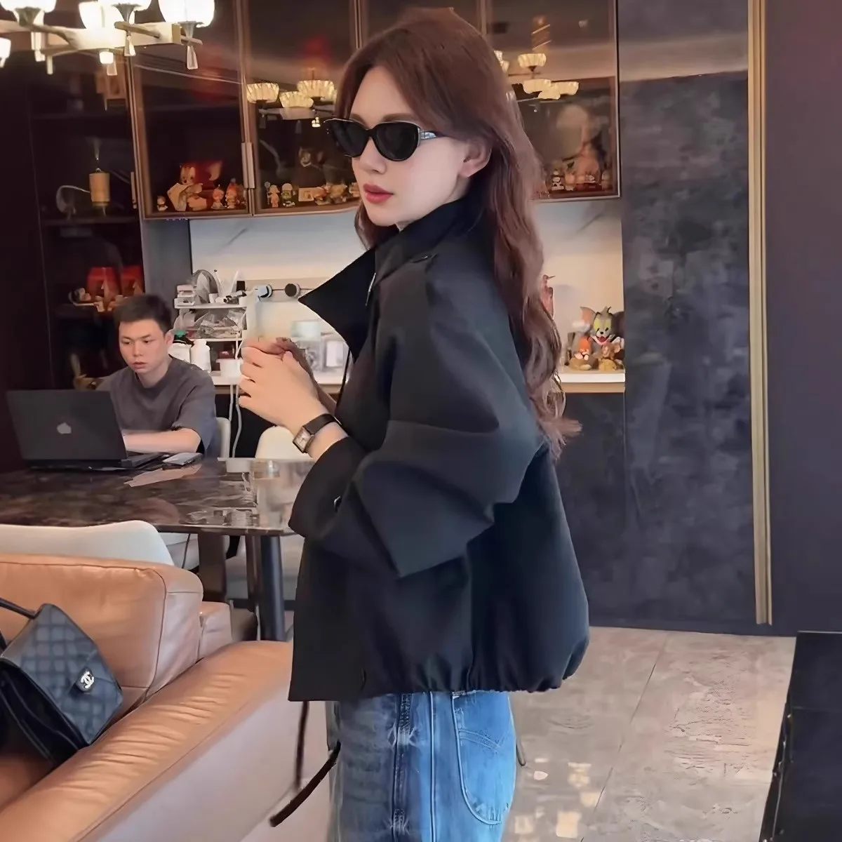 Damska kurtka Briti Sle ort, dwurzędowa, ze stójką, luźna, jesień 2025, casualowa, modna, z włókna poliestrowego, długa.