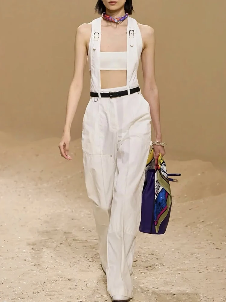 

Spring Summer Fashion White Casual Straight Barrel Overalls Women's Stand Collar Long Sleeve Multi Pocket Belt Outerwear