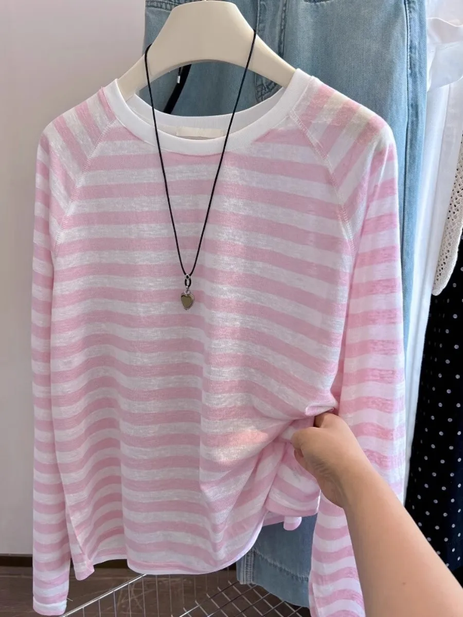 Bardzo Duży Rozmiar 300, Różowy w Paski, Długi Sweter, Damska Letnia Nowość, Elegancka Odzież Chroniąca Przed Słońcem, Mieszanka Bawełny