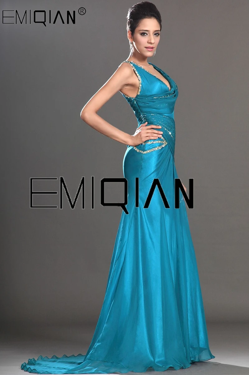 New Stylish V Neck Court Train Beaded Turquoise Chiffon Evening Dresses