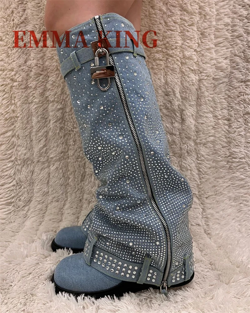 Luxury Designer Lock Crystal Thick Sole Mid Calf Boots Woman Platform Round Toe Long Womens Boots Winter Side Zipper Party Shoes