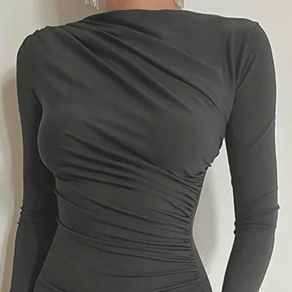 Bodycon DFemale أنيقة الصلبة س الرقبة طويلة الأكمام Ruched الشق مثير سليم ماكسي فستان الحفلة الراقصة ملابس الربيع حفلة عيد ميلاد عطلة