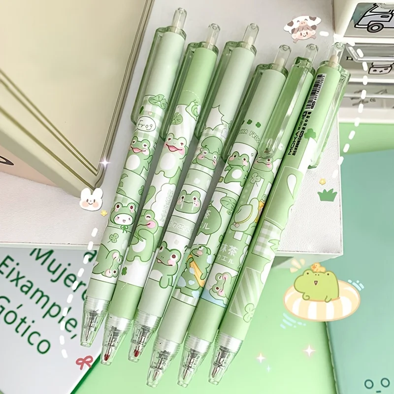 6-Pack Cute Matcha Frog Gel Pens: Smooth Writing, Medium Point, Retractable - Perfect for Students & Office