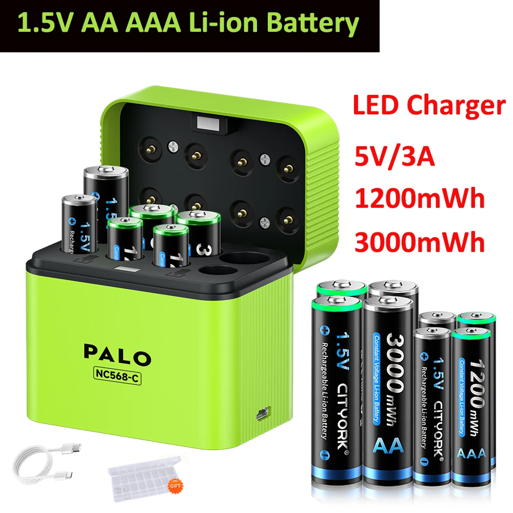 CITYORK AA AAA Li-ion Rechargeable Batteries 3000mwh 1200mwh 1.5V 2A 3A Lithium Battery + 8 Slots Fast Charger for 1.5V AA AAA