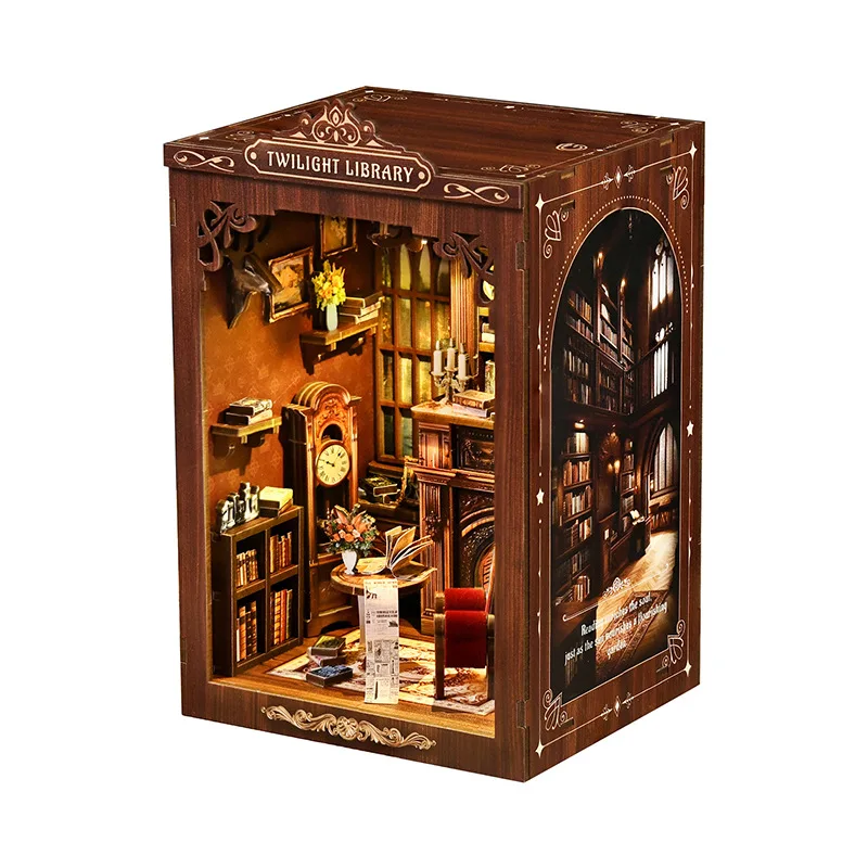 Nova biblioteca crepúsculo diy kit de suporte para livros-modelo de madeira 3d, mini brinquedo de decoração de quarto e presente artesanal para aficionados