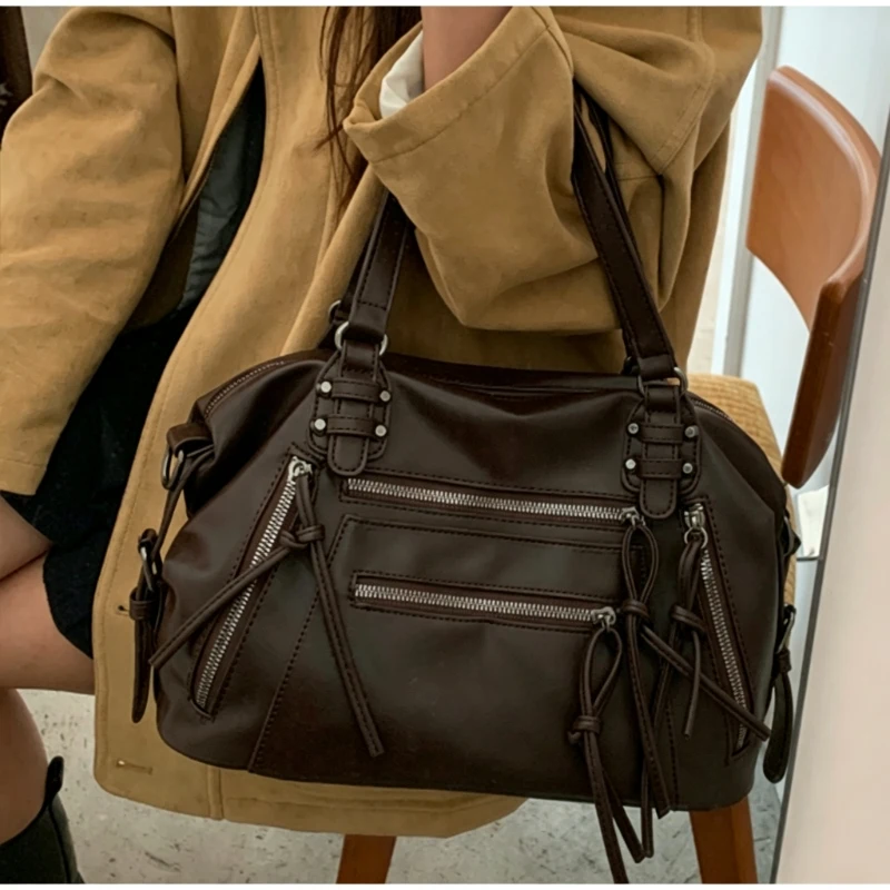 Vintage Leather Tote Bag Multi-pocket Large Capacity Handbag Y2k Solid Color Motorcycle Bag Adjustable Commuter Crossbody Bag