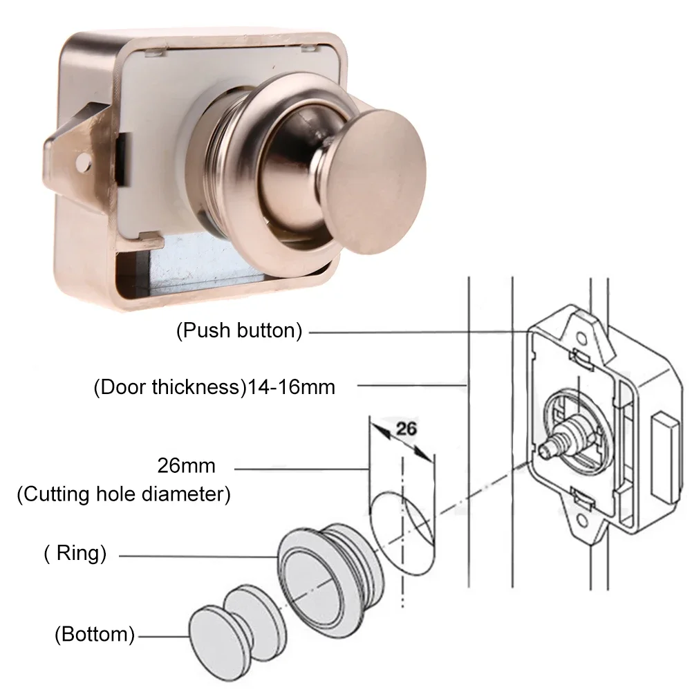 Keyless RV Push Cabinet Locks Cabinet Door Catches Locks Drawer Keyless Zinc Alloy Button RVs Camper Van Caravan Motorhome Locks