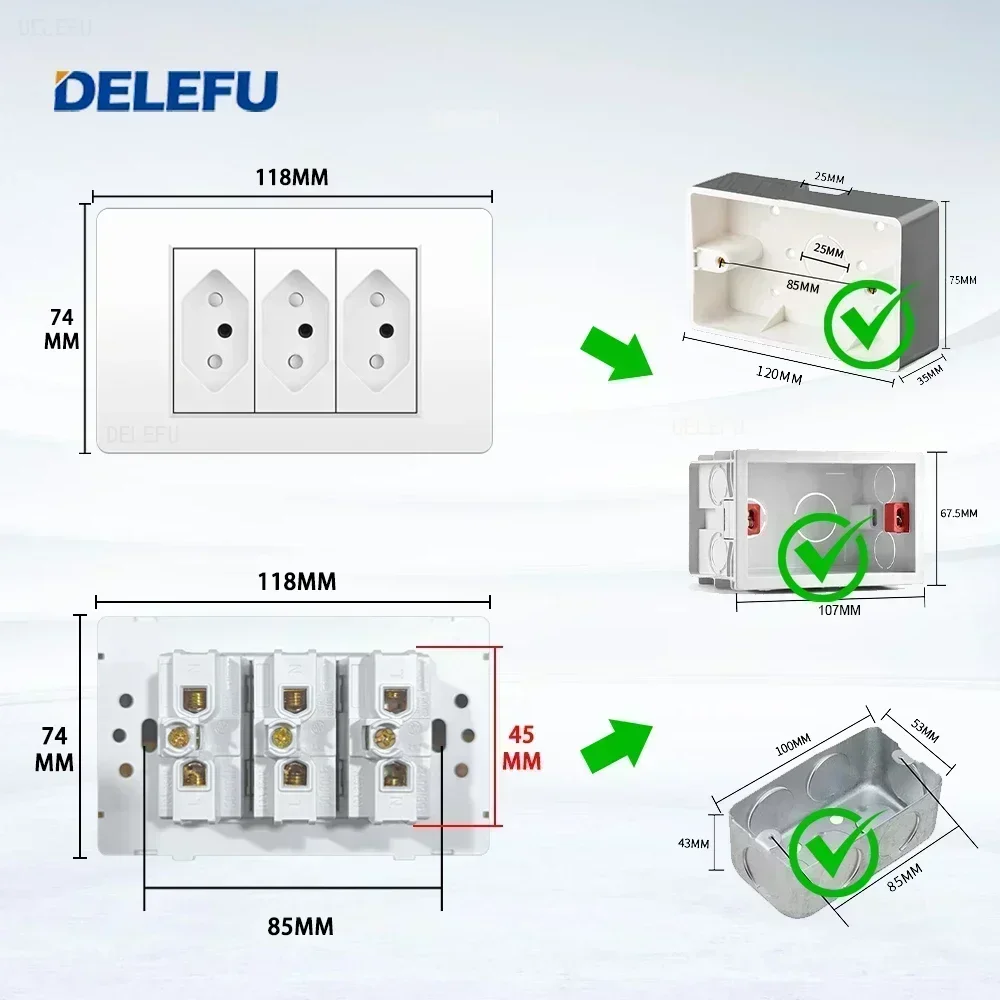 DELEFU Beyaz PC Paneli Brezilya Standart Çıkış Çift USB Tip C Duvar Priz Akıllı Anahtar Tuya Wifi 10A 20A 118x72mm