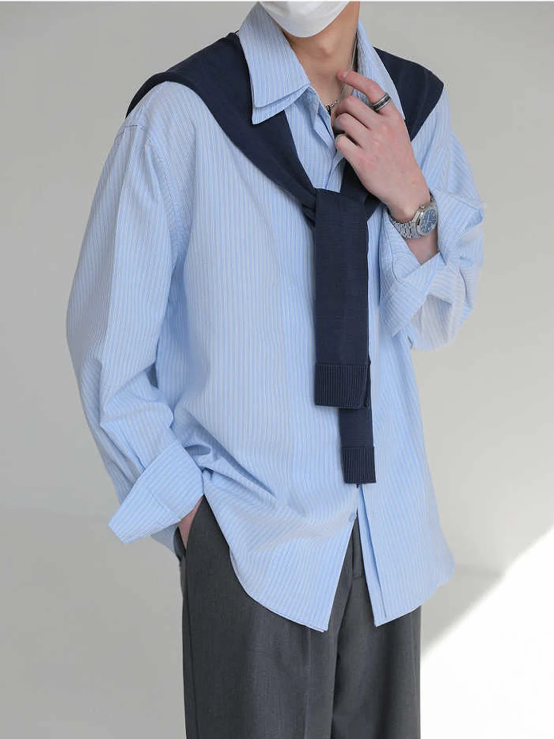 

Casual Striped Long Sve Men's irt Double Layer Collar Trendy Loose Outerwear irt oulder Pad Free Ironing Treaent