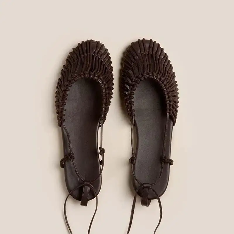 

Ретро-сандалии из натуральной кожи ручной работы с плетеными ремешками, стильные, с закрытым носком, для летнего отдыха, повседневная женская обувь