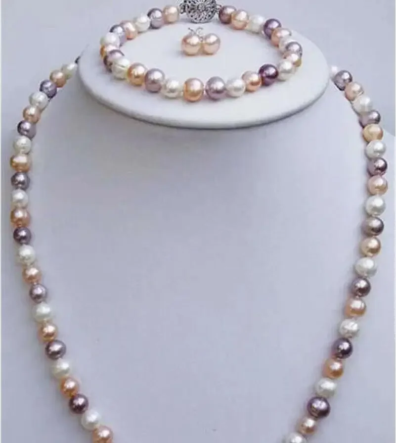 

7-8mm Multicolor Akoya Cultured Pearl Necklace + Bracelet + Earrings Set