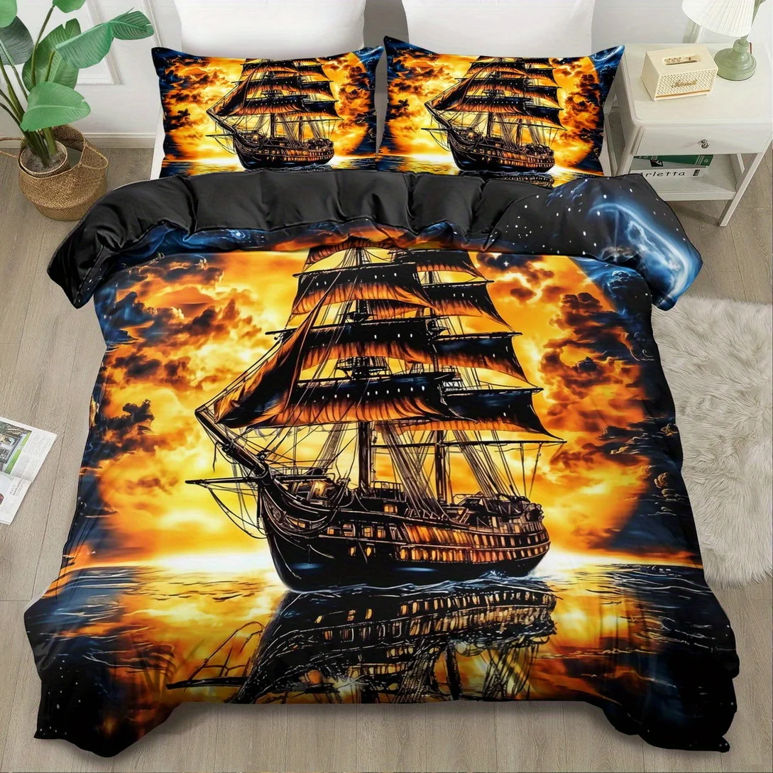 Pirate Ship Print King Queen Size Duvet Cover Set Machine Washable Quilt Bedding Decoration Birthday Gift for Bedroom