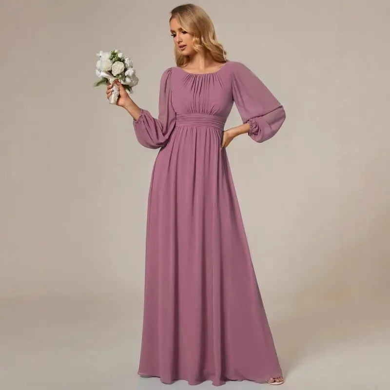Long Sleeved Temperament Simple Solid Color Slim Fit Colorful Gauze Wedding Dress Bridesmaid Party Evening Dress Customized