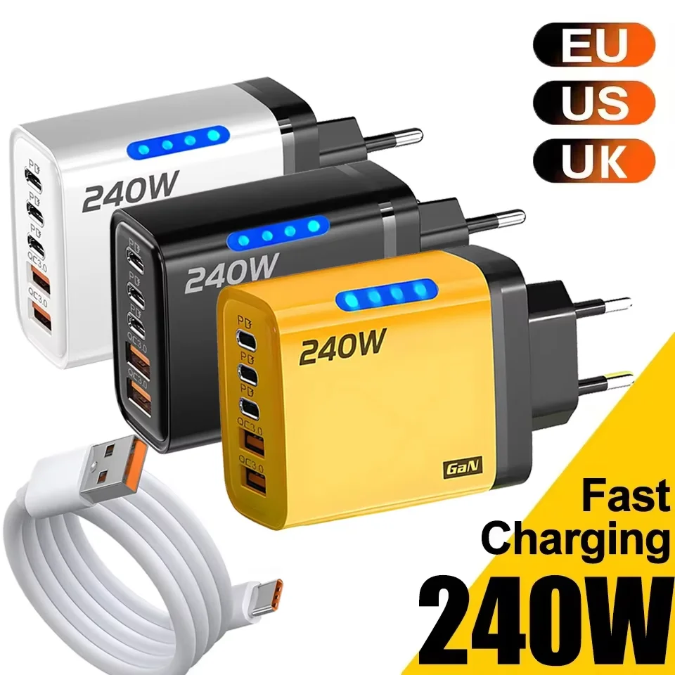 240W GaN 5 in 1 Fast Charging Phone Charger USB C Charger Power Adapter Type C EU/US Plug Wall Charger For iPhone Samsung Xiaomi