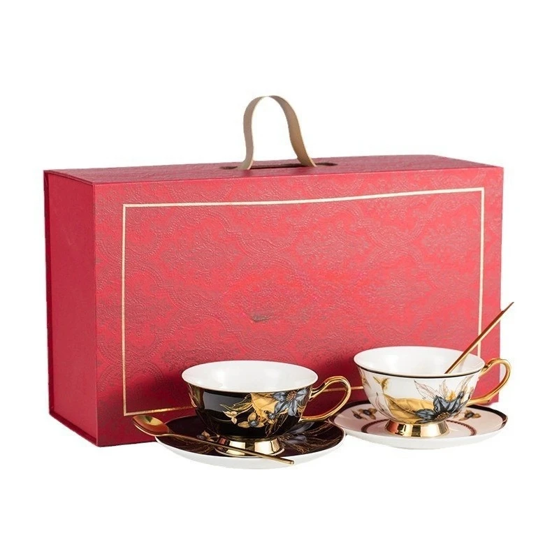 

Retro light luxury bone china coffee cup saucer premium gift box set ceramic pair cup water cup