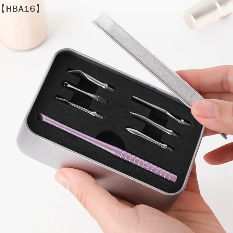 (HBA16) 6 in 1 ネイル斜めヘッドステンレス鋼キューティクルプッシャーネイルアートサンディングタブレットマニキュアスティックツールネイルアクセサリー