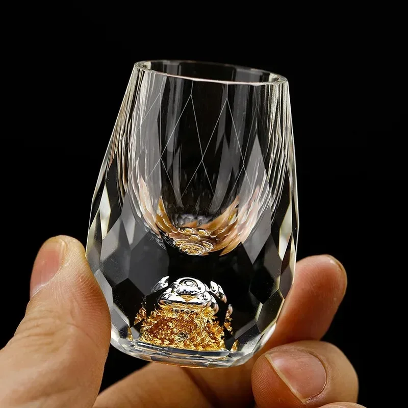1PC Luxury Crystal Glass Vodka Sake Bar  Double Bottom Gold Foil Glass Tea Cup  Gift Hard Liquor Wine Glasses