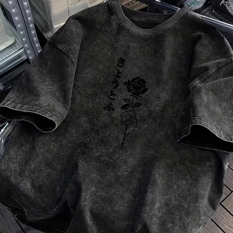 Washed 100% Cotton Tshirt Black Rose Print Soft Casual Daily Commute Men Streetwear Top UPS/FEDEX Air, 3-5Day Delivery