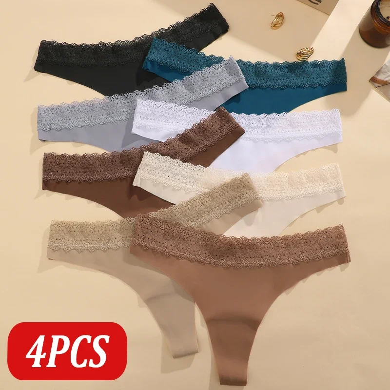 4PCS Sexy Lace Traceless T-Back Thongs Female Solid Color Lace Trim Low Rise Bikini G-String Women Breathable Intimates Lingerie