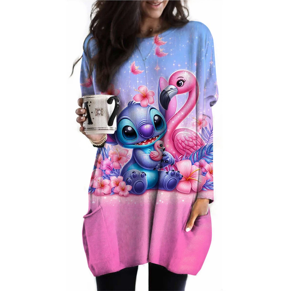 Autumn Winter Oversized Round Neck LooseDisney's Lilo & Stitch Casual Pocket T-shirt Ladies Long Sleeve All-match Pullover Top W