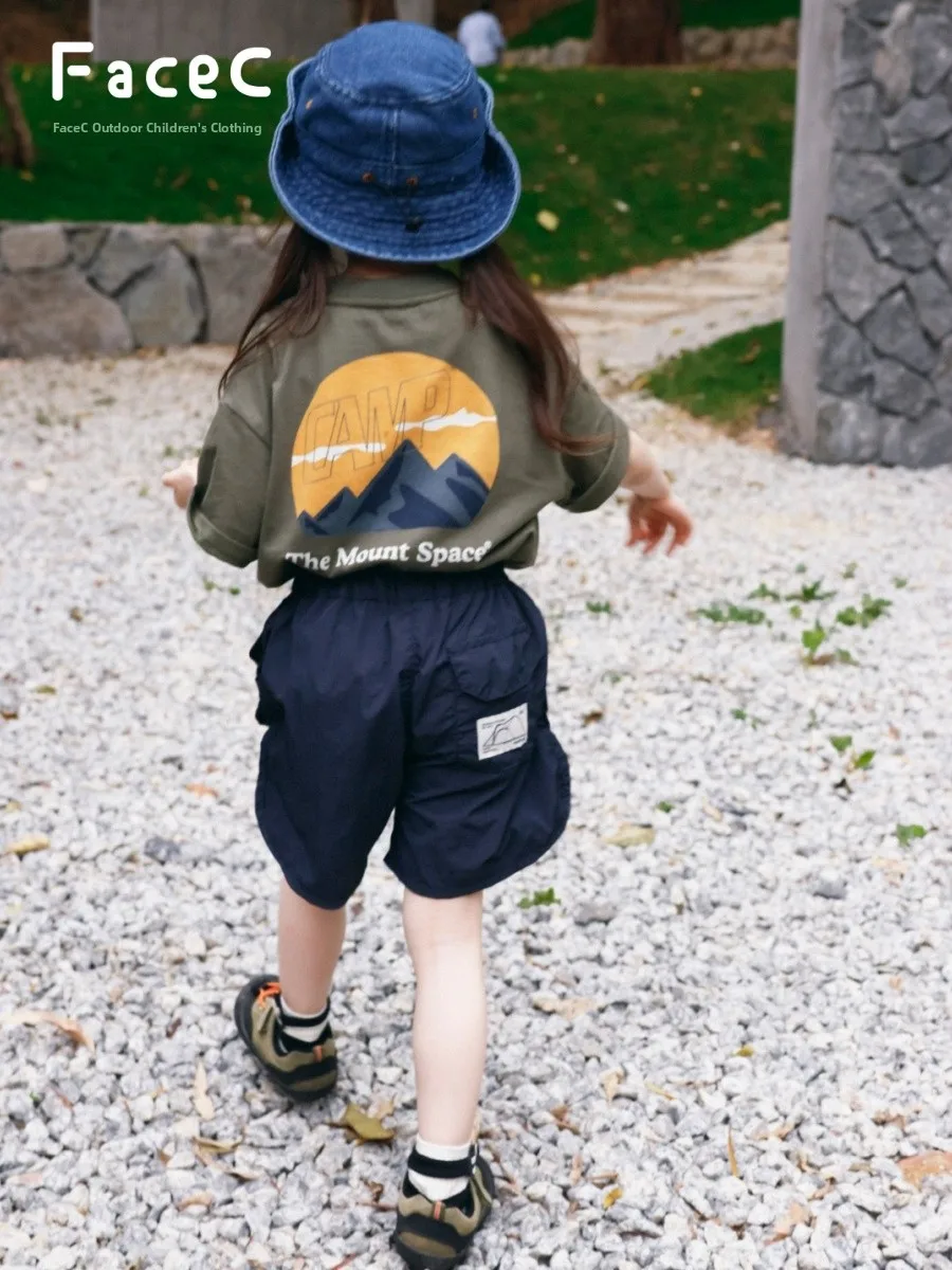 Camping Style Loose Fit Short Sleeve T-Shirt Children's Outdoor Casual Wear Cotton 100% Parent-Child Matching Mountain Series