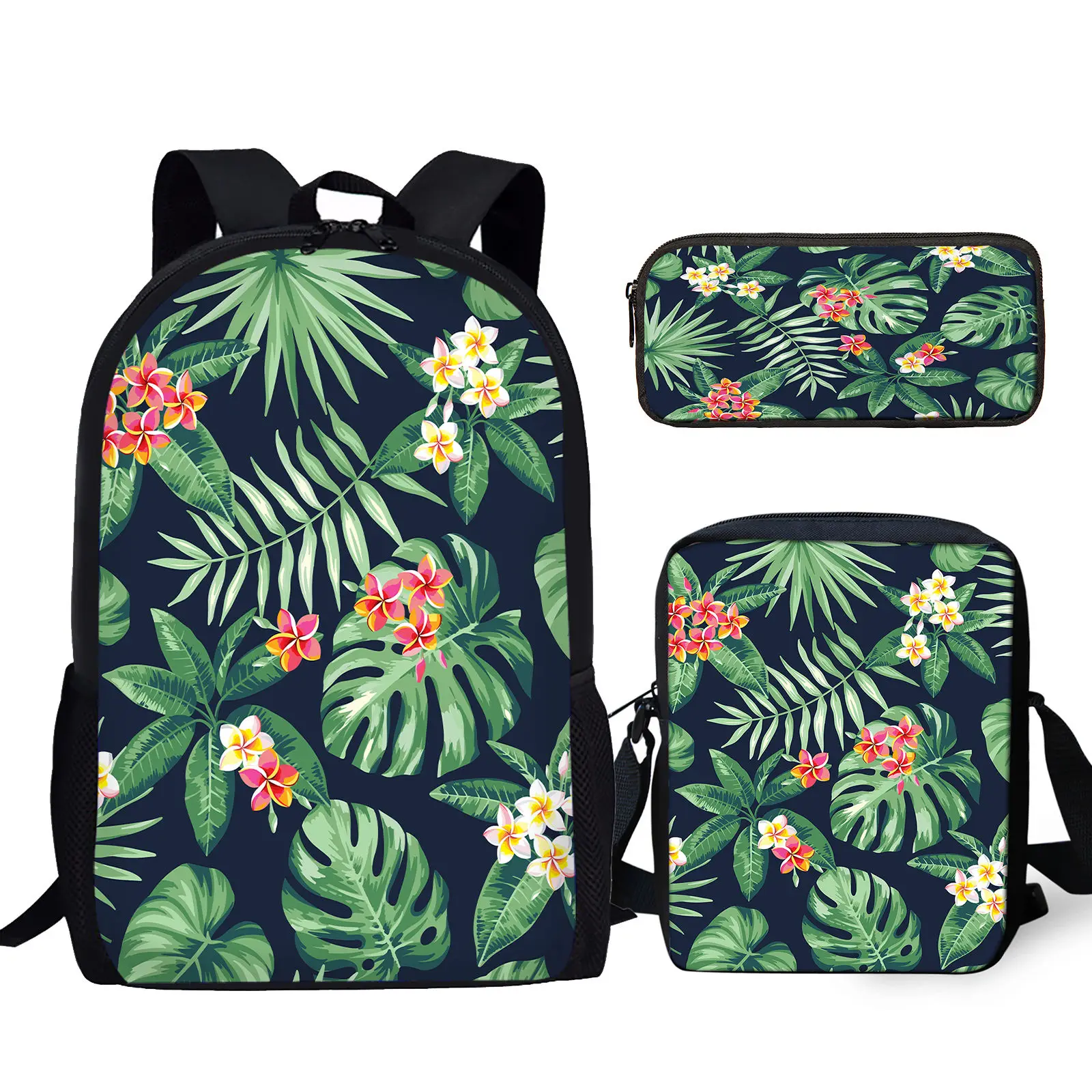 Hibiscus Palm Scalp Design Sac messager à fermeture éclair, sac grande capacité pour ordinateur portable pour jeunes, imprimé plantes tropicales, étui à crayons pour étudiants