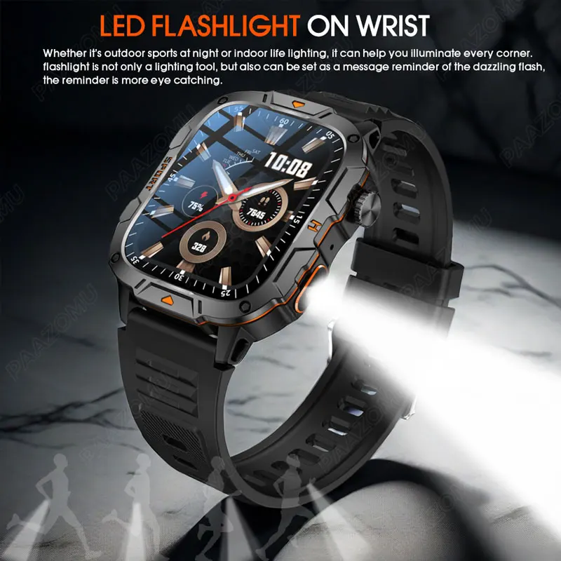 2024 New LED Flashlight Smart Watch Men Military Bluetooth Call Heart Rate Fitness Tracker IP68 Waterproof Smartwatch For Xiaomi