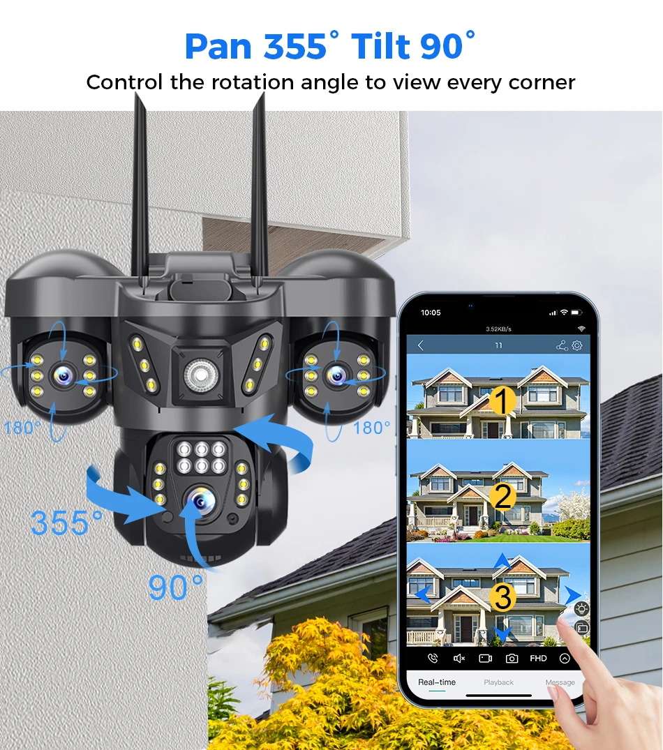 كاميرا 15 ميجابكسل بثلاثة عدسات عالية الدقة IP مع 4G Sim خارجية ملونة للرؤية الليلية مراقبة أمنية تكبير 10X شاشة فيديو