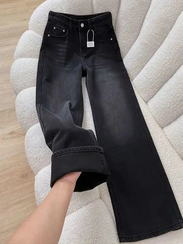 

Casual Loose Flannel Lined High Waist Straight Denim Wide Leg Pants for Women Winter Warm Thickened Casual American Streetwear