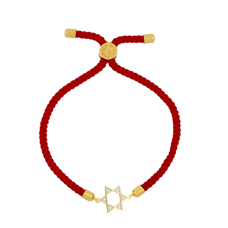 White Cubic Zirconia Crystal Jewish Star Of David Charm Bracelet Women Gold-plated Brass CZ Stones Red String Rope Chain Jewelry